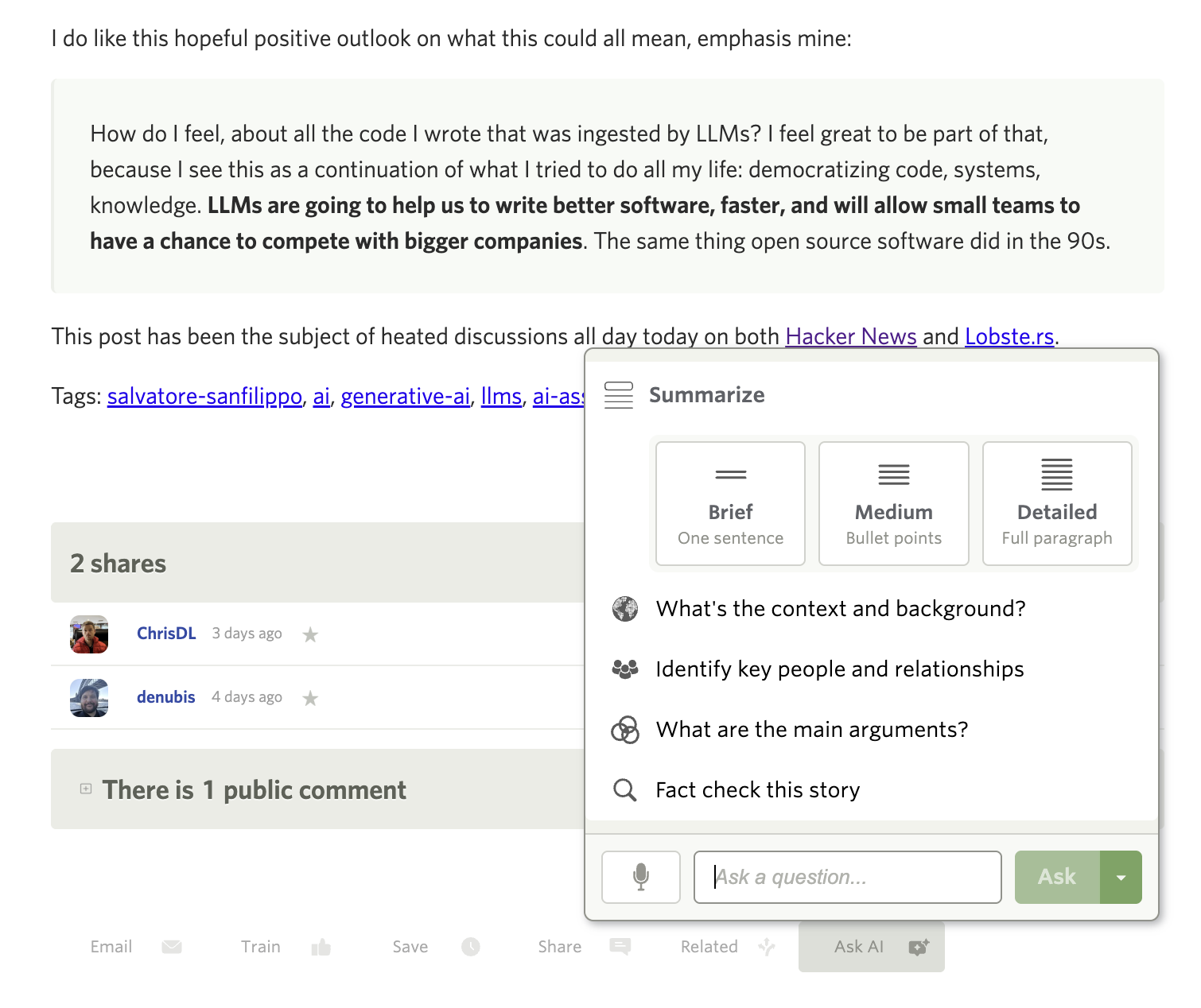 Ask AI dialog with model selector showing Claude, GPT, Gemini, and Grok