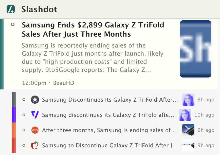 Story titles view showing clustered stories with sources listed underneath